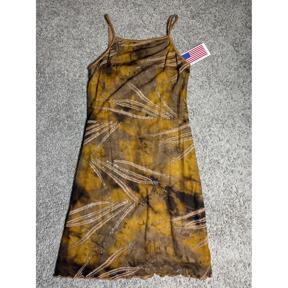 S.H.E. Brown Mustard Tie Dye Glitter Mini Dress Y2K Spaghetti Strap XS NEW